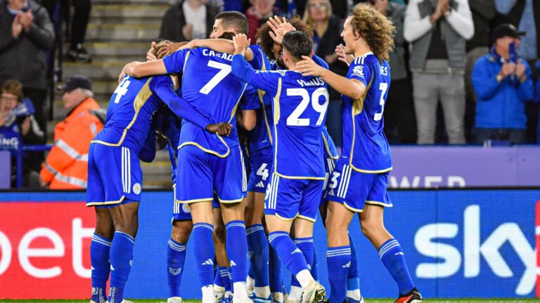 King Power Stadium, Leicester, UK. 4th Oct, 2023. EFL Championship Football, Leicester City versus Preston North End; Kiernan Dewsbury-Hall of Leicester celebrates with his team after scoring the third Leicester goal to make the score 3-0 Credit: Action P