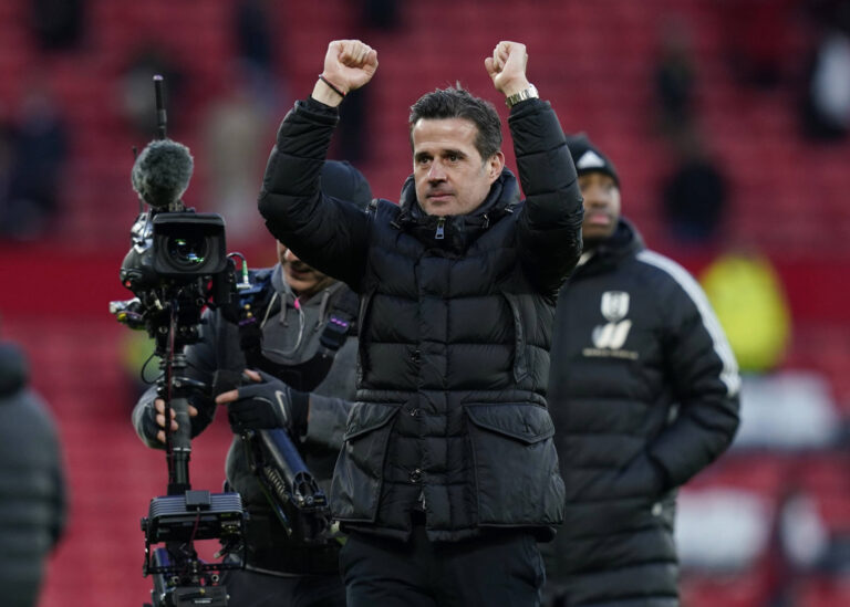 Manchester, England, 24th February 2024. Marco Silva manager of Fulham celebrates the win during the Premier League matc