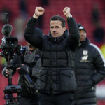 Manchester, England, 24th February 2024. Marco Silva manager of Fulham celebrates the win during the Premier League matc